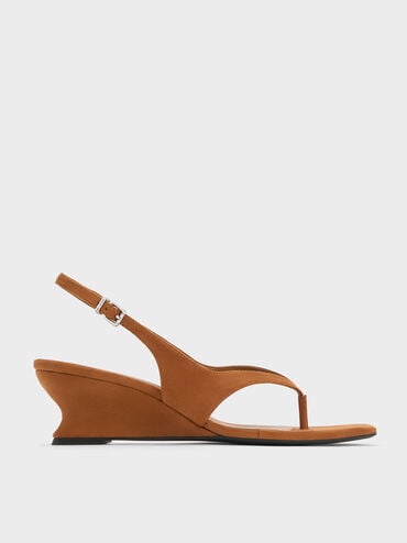 Faux Suede Slingback Thong Wedges, Cognac, hi-res