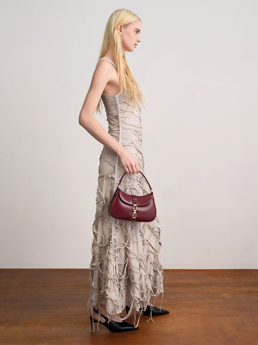 Agatha Chain-Accent Hobo Bag, Burgundy, hi-res