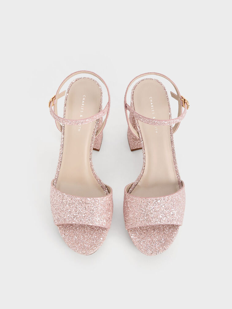 Glittered Ankle-Strap Platform Sandals, Pink, hi-res