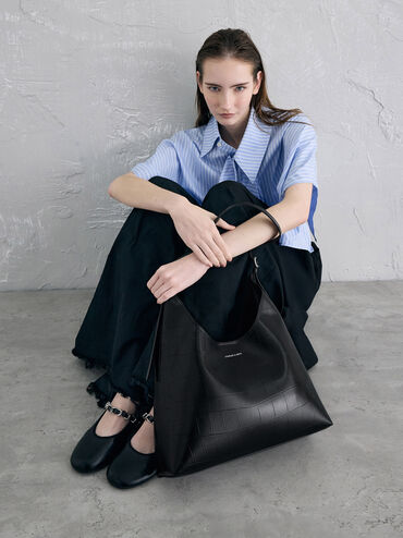 กระเป๋าโฮโบดีไซน์ลายจระเข้รุ่น Liv, สีดำอะไหล่สีเงิน, hi-res