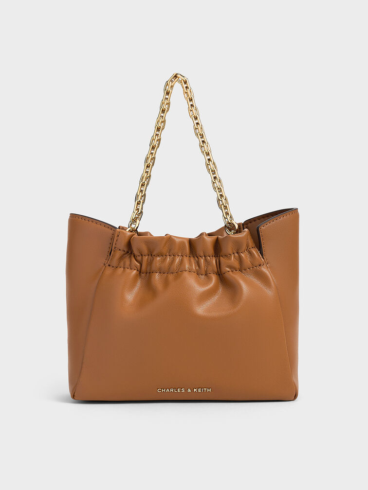 Brigette Ruched Chain-Handle Shoulder Bag, Brown, hi-res