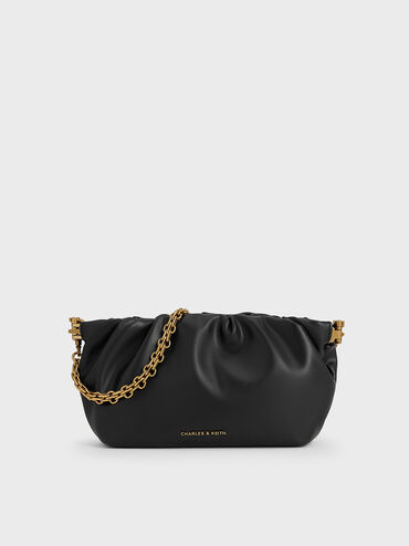 Brigette Ruched Chain-Handle Clutch, Black, hi-res