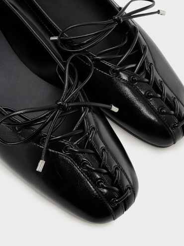 Lace-Up Bow Ballet Flats, Black, hi-res