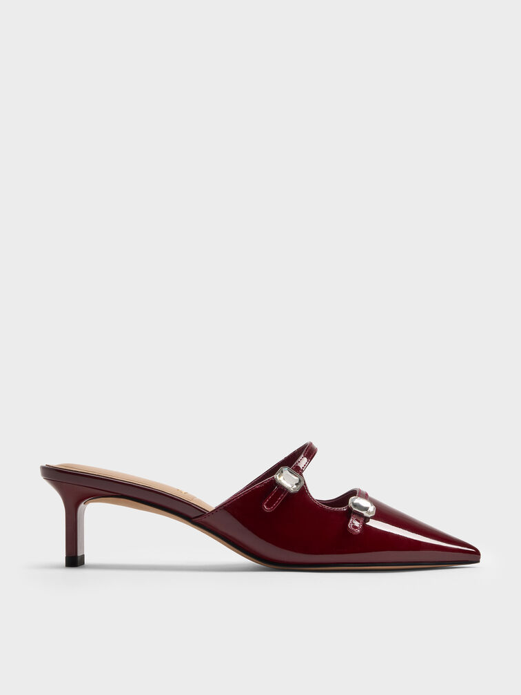 Patent Leather Gem-Buckle Pointed-Toe Heeled Mules, Burgundy, hi-res