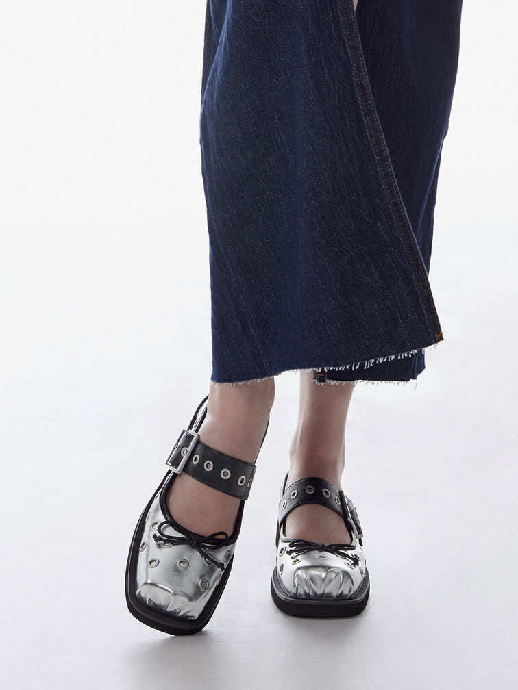 Metallic Grommet Buckled Mary Janes, Silver, hi-res
