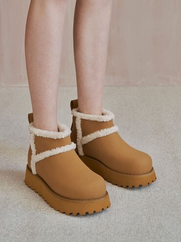 Textured Fur-Trim Flatform Ankle Boots, สีกากี, hi-res