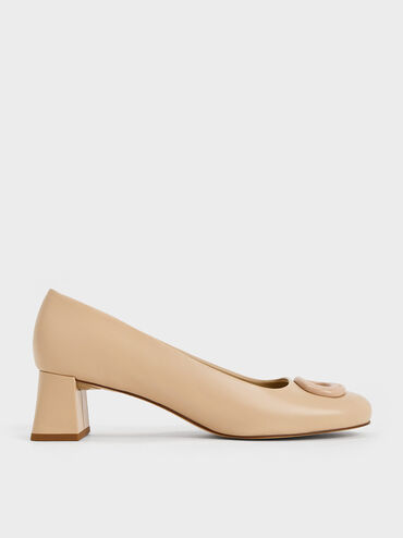 Oval Trapeze-Heel Pumps, Beige, hi-res