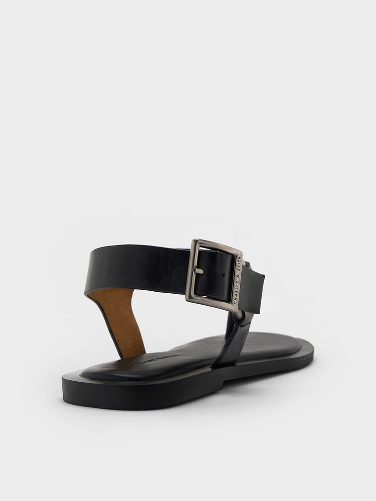 Wide-Strap Buckled Thong Sandals, Black, hi-res