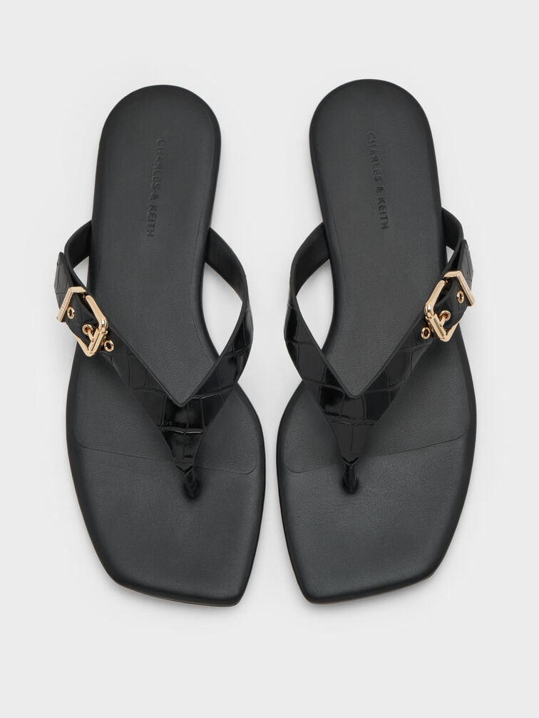 รองเท้าแตะหนีบดีเทลตกแต่งหัวเข็มขัดเอฟเฟกต์ลายจระเข้, สีดำลายพิมพ์สัตว์, hi-res