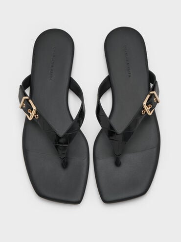 รองเท้าแตะหนีบดีเทลตกแต่งหัวเข็มขัดเอฟเฟกต์ลายจระเข้, สีดำลายพิมพ์สัตว์, hi-res