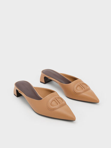 Oval Stitch-Trim Pointed-Toe Mules, สีคาเมล, hi-res