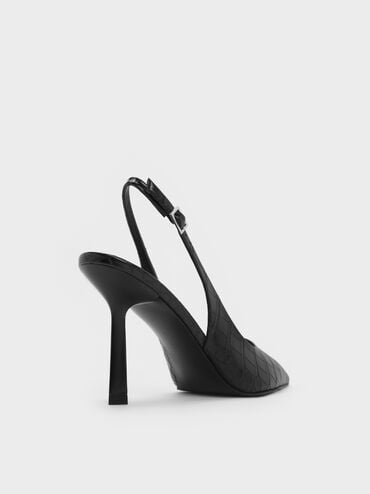 Croc-Effect Pointed-Toe Slingback Pumps, Animal Print Black, hi-res