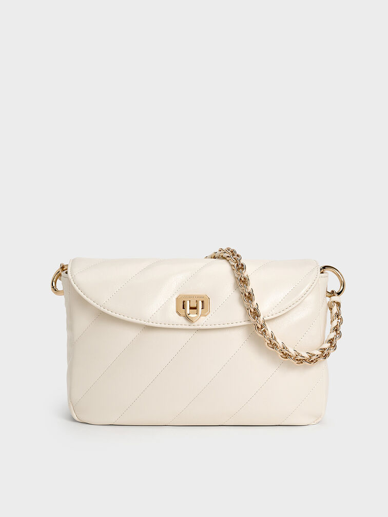 กระเป๋าสะพายไหล่ลายเส้นดีไซน์ที่ปิดด้านหน้ารุ่น Fawn, สีครีม, hi-res