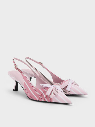 Striped Knot-Bow Pointed Slingback Pumps, Light Pink, hi-res