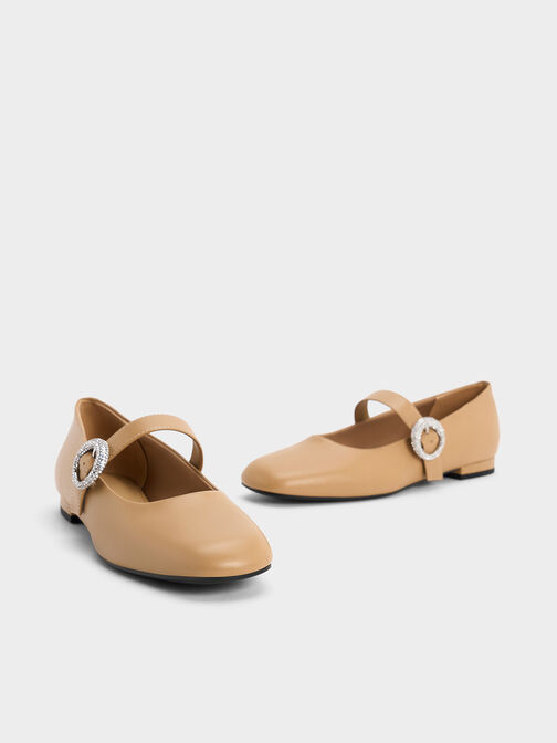 Crystal-Embellished Buckle Mary Jane Flats, Camel, hi-res