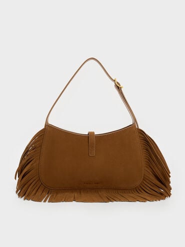 Cesia Recycled Suede Metallic-Accent Fringed Shoulder Bag, Sienna Brown, hi-res