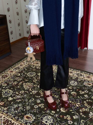 กระเป๋าทรงลูกบาศก์ลายควิลท์ดีไซน์หูจับด้านบนรุ่น Arwen, สีเบอร์กันดี, hi-res