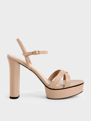 Crossover Platform Heeled Sandals, Nude, hi-res