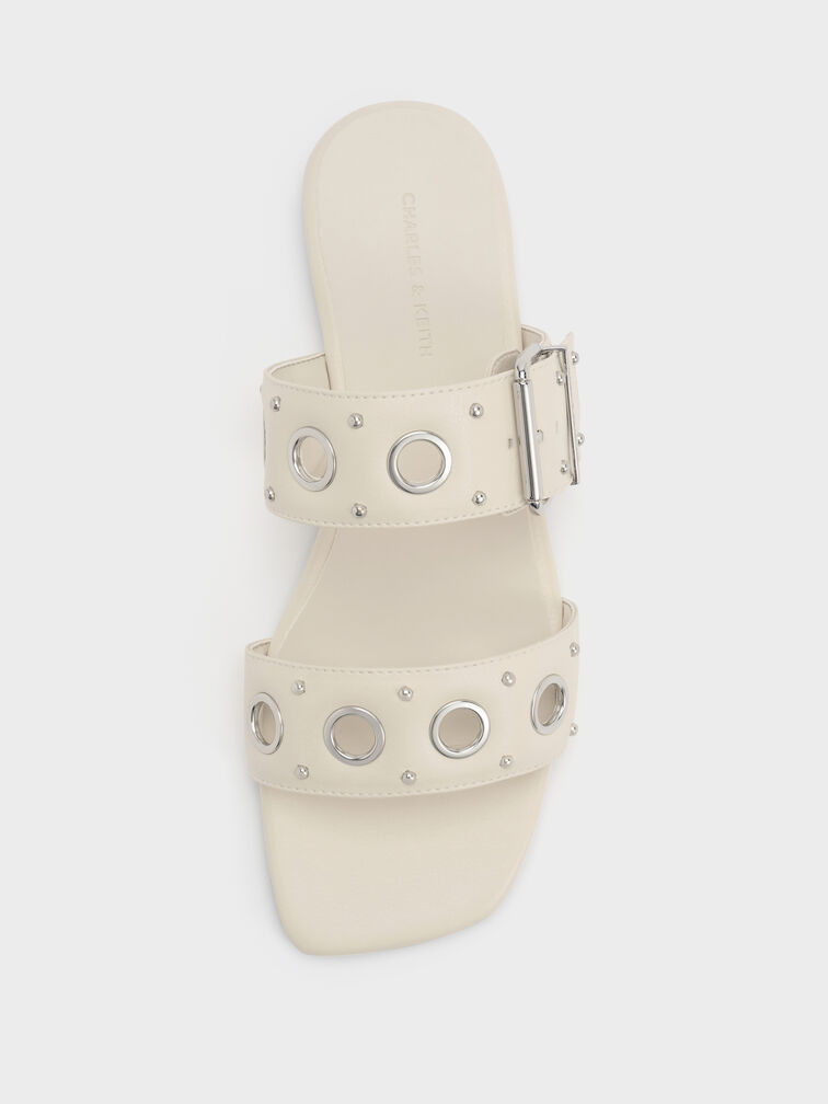 รองเท้าแตะแบบสวมประดับห่วงโลหะ, สีชอล์ค, hi-res