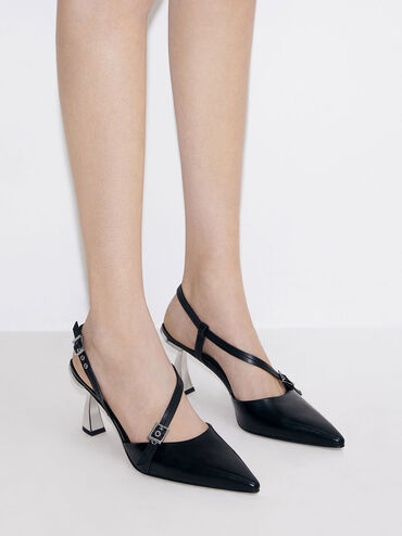 Asymmetric Curved Heel Slingback Pumps, สีดำ, hi-res