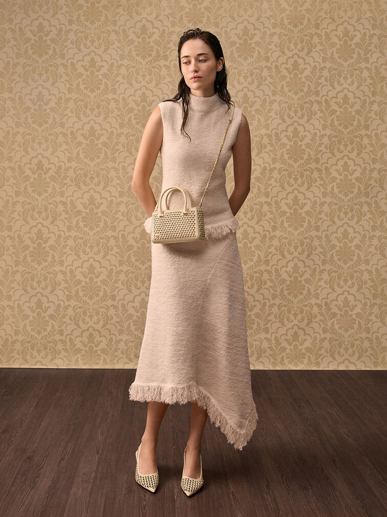 Suede & Leather Studded Cut-Out Tote Bag, Cream, hi-res