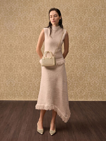 กระเป๋าโท้ทหนังแท้ และหนังกลับดีไซน์คัตเอาท์ตกแต่งด้วยหมุด, สีครีม, hi-res