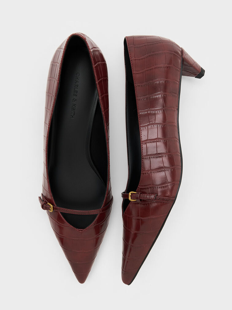Croc-Effect Buckled Pointed-Toe Kitten-Heel Pumps, Animal Print Red, hi-res