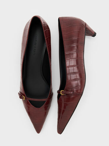 Croc-Effect Buckled Pointed-Toe Kitten-Heel Pumps, Animal Print Red, hi-res