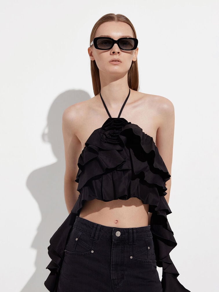 แว่นตากันแดดกรอบทรงเหลี่ยมวัสดุอะซิเตทรีไซเคิลรุ่น Aubrey, สีดำ, hi-res