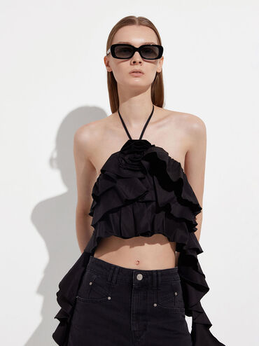 แว่นตากันแดดกรอบทรงเหลี่ยมวัสดุอะซิเตทรีไซเคิลรุ่น Aubrey, สีดำ, hi-res