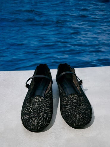 Crochet Floral Mary Jane Flats, Black Textured, hi-res