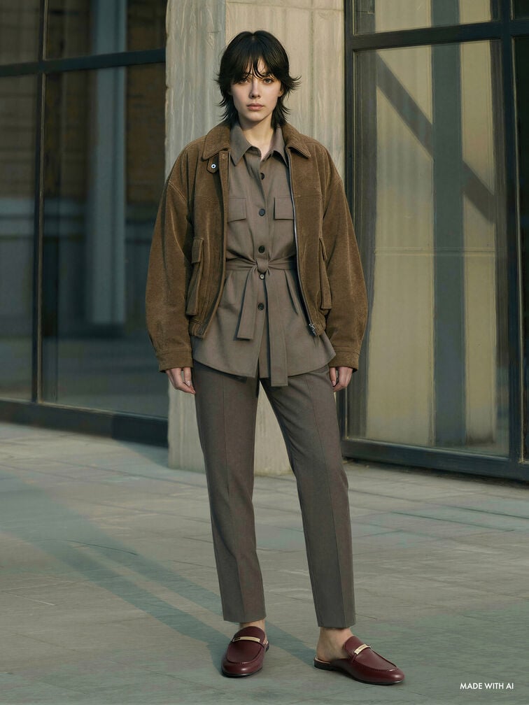 รองเท้าเปิดส้นทรงโลฟเฟอร์ประดับแถบเมทัลลิค, สีเบอร์กันดี, hi-res