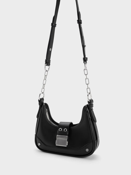 กระเป๋าโฮโบตกแต่งแบบสายเข็มขัดรุ่น Winslet, สีดำ, hi-res