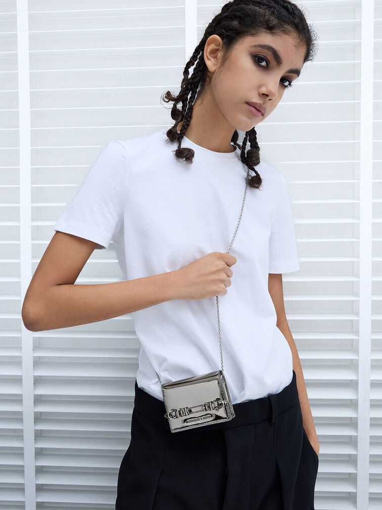 Sloane Metallic Chain-Handle Wallet, Pewter, hi-res
