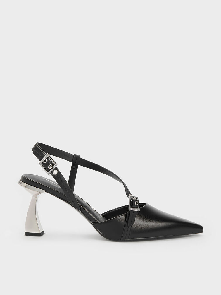 Asymmetric Curved Heel Slingback Pumps, Black, hi-res