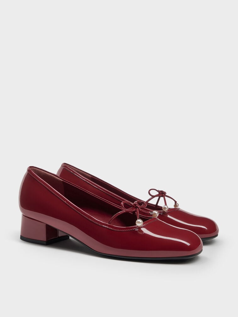Barbara Patent Pearl-Embellished Bow Ballet Pumps, Red, hi-res