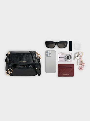 Britton Crinkle-Effect Ruched Saddle Bag, Black, hi-res