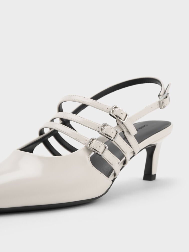 Triple-Strap Pointed-Toe Kitten-Heel Slingback Pumps, Chalk, hi-res