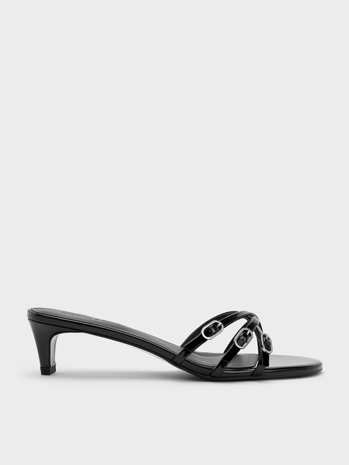 Patent Buckled Strappy Kitten-Heel Mules, Black Patent, hi-res
