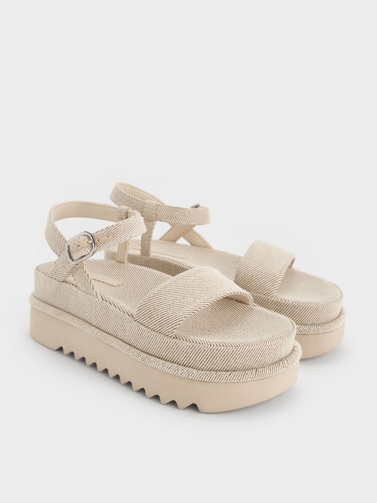 Twill Flatform Ankle-Strap Sandals, Beige, hi-res