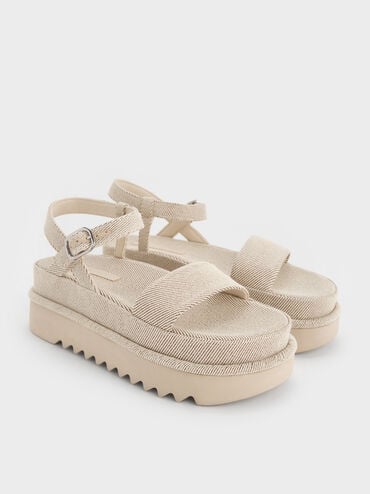 Twill Flatform Ankle-Strap Sandals, Beige, hi-res