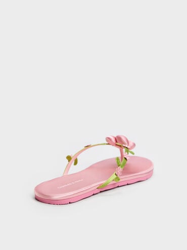 รองเท้าแตะหนีบประดับดอกไม้บุนวม, สีชมพู, hi-res