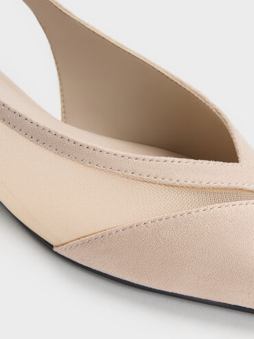 Faux Suede & Mesh Slingback Flats, Beige, hi-res