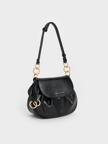 Britton Crinkle-Effect Ruched Saddle Bag, Black, hi-res