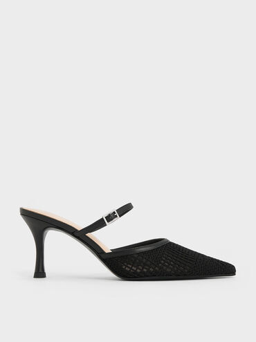 Mesh Woven Heeled Mules, Black Textured, hi-res