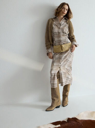 Aether Faux Suede Tassel-Zip Knee-High Boots, Khaki, hi-res