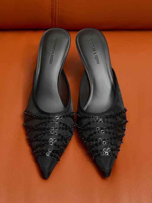 Mesh Sequinned Heeled Mules, Black Textured, hi-res