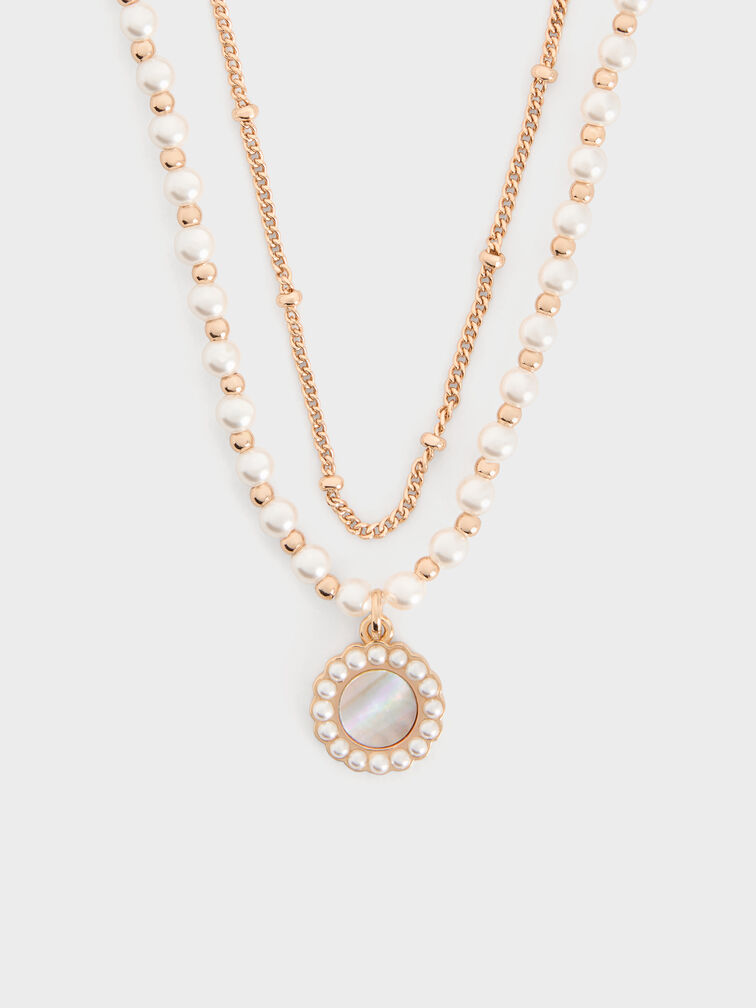 Pearl & Gemstone Double-Chain Necklace, Grey, hi-res