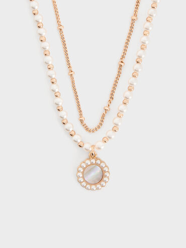 Pearl & Gemstone Double-Chain Necklace, Grey, hi-res