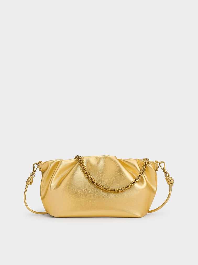 Brigette Metallic Ruched Chain-Handle Clutch, Gold, hi-res